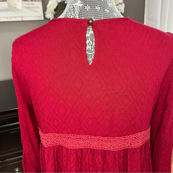 Suzanne Betro Boho Lace Trim Dress Red Textured Long Sleeve Size Large - Picture 7 of 15
